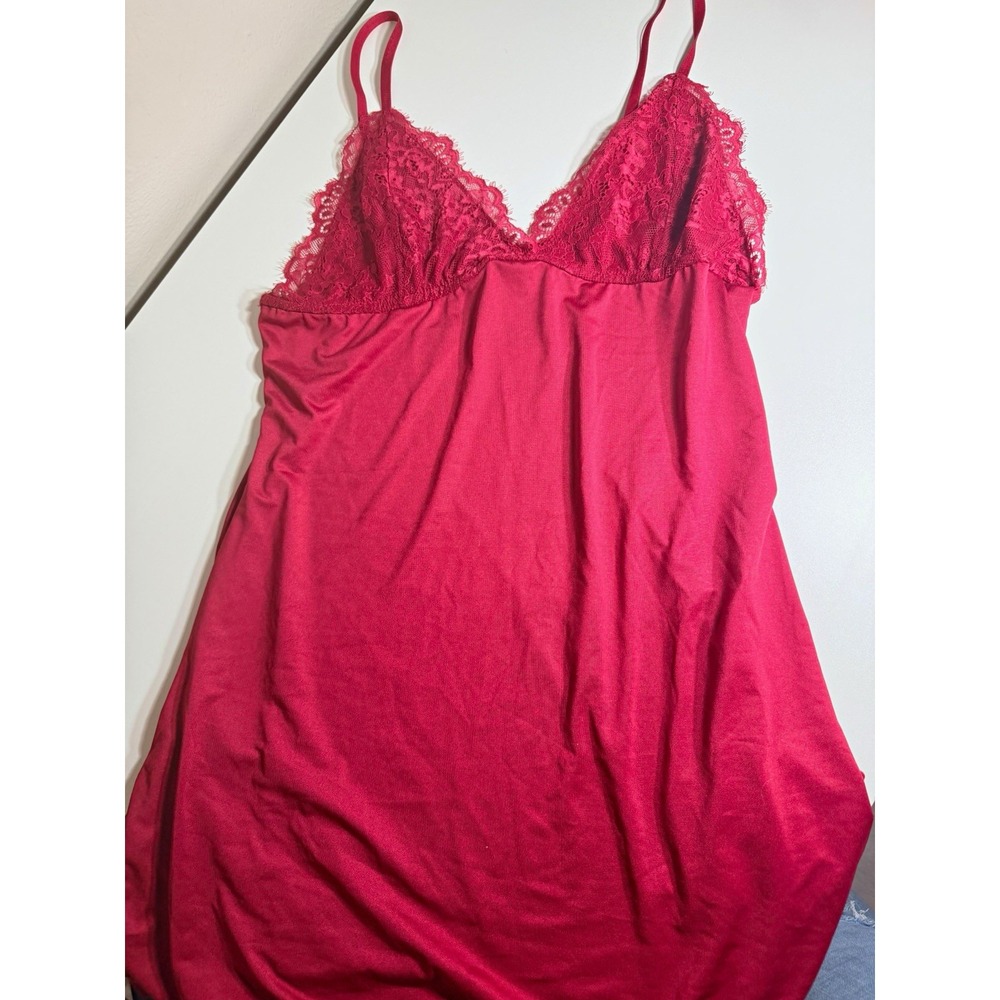 Red Lace Trim Chemise Nightgown V-Neck Sleeveless Size L Polyester Spandex